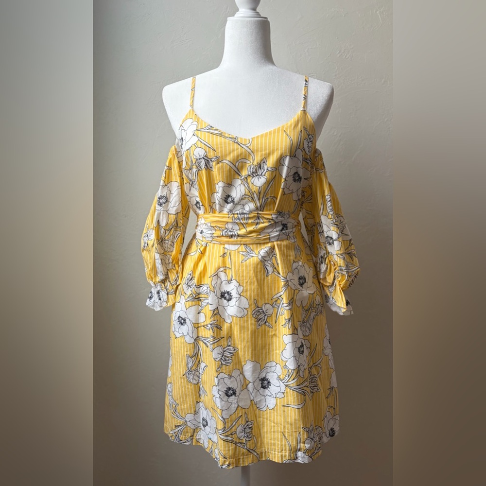 Lush Yellow Floral Tie Waist Cotton Mini Dress Small
